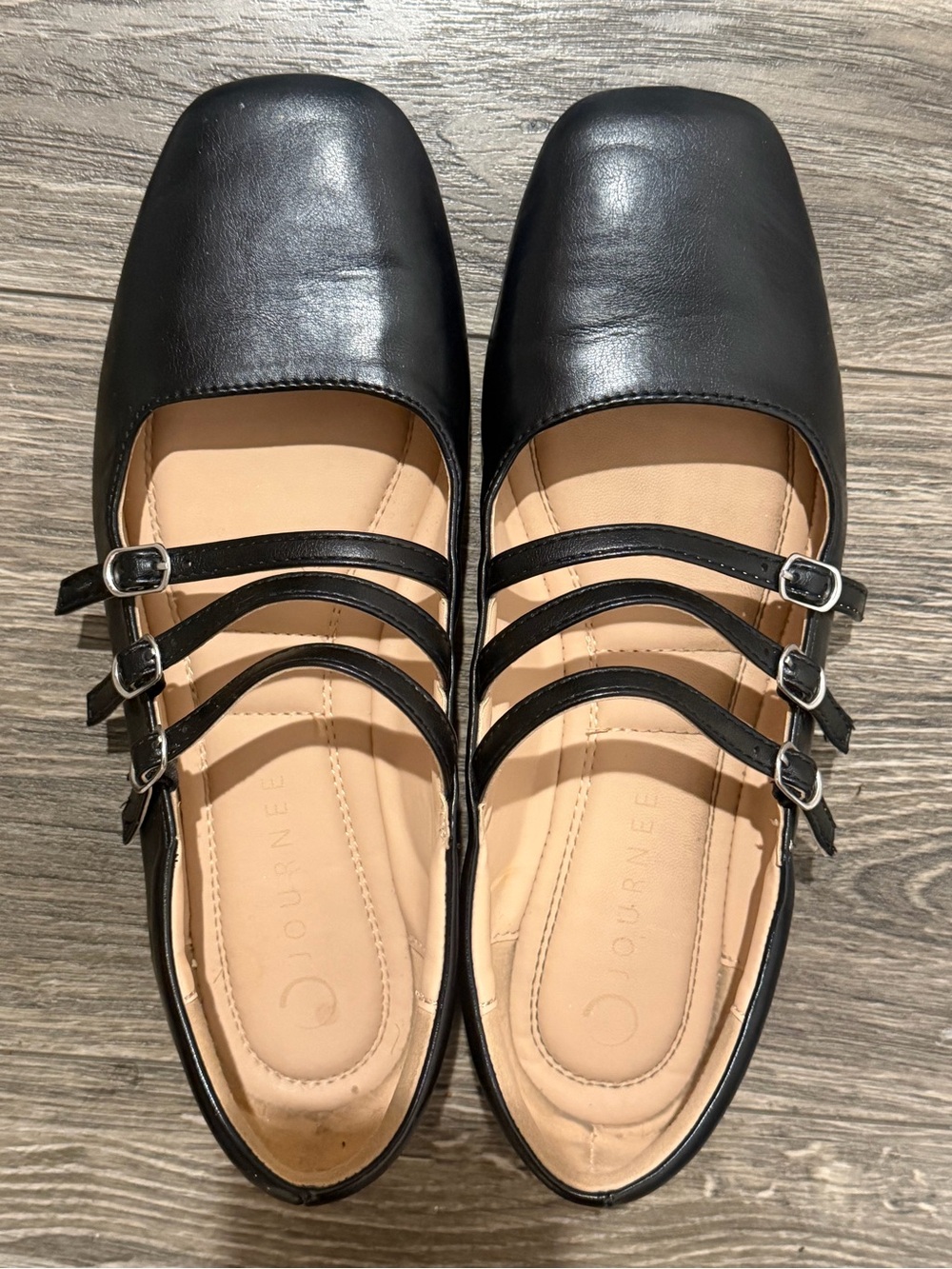 Journee Collection Black Triple-Strap Square-Toe Mary Jane Flats